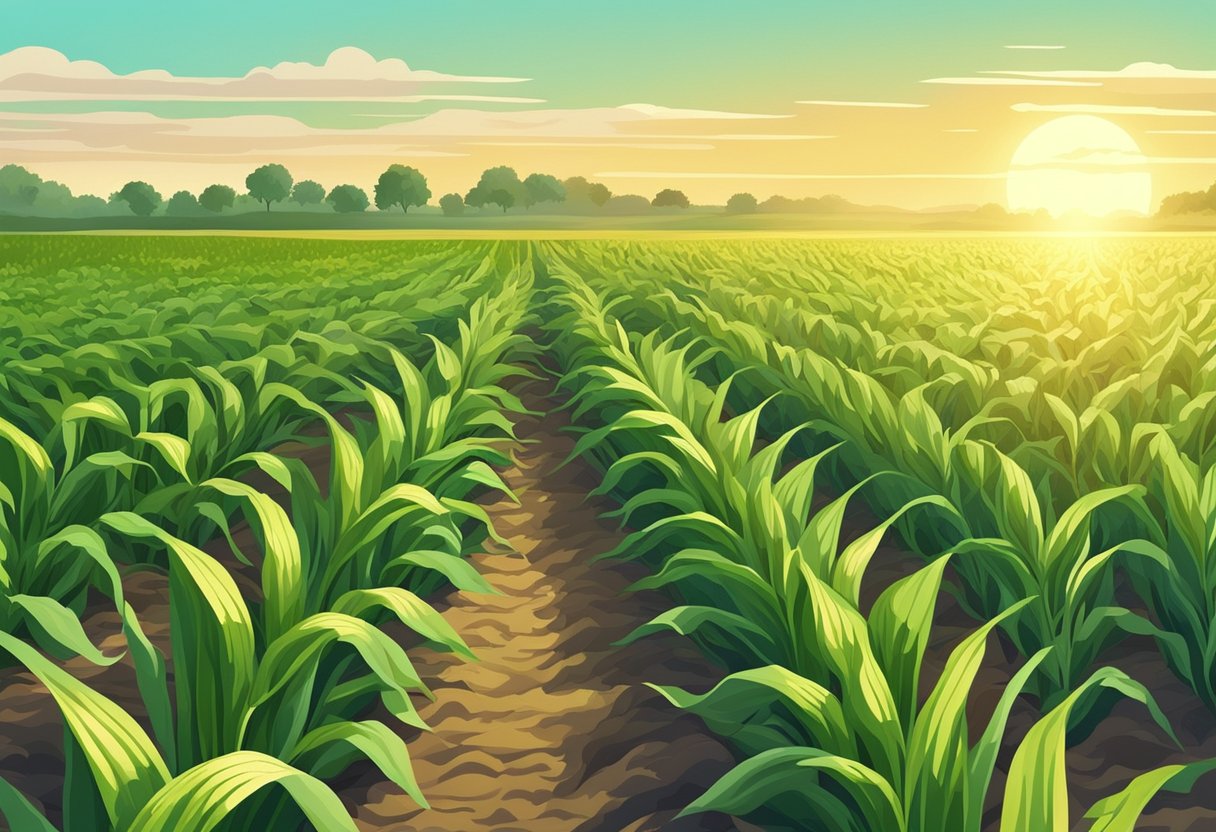 Corn field with rows of tall stalks. Sunlight filters through the leaves. Fertilizer spread evenly around the base of each plant