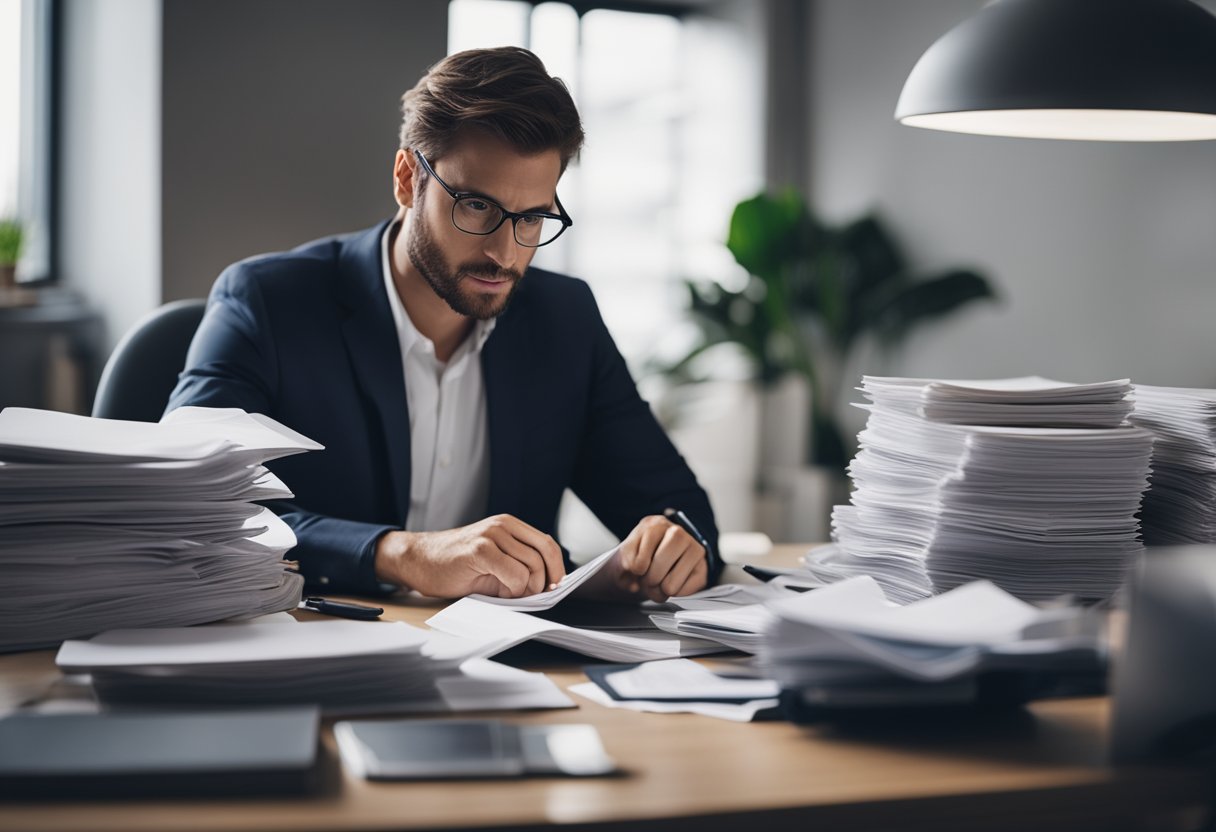 A person sits at a desk surrounded by papers, a laptop, and a stack of car brochures. They are comparing different car models, reading reviews, and making notes