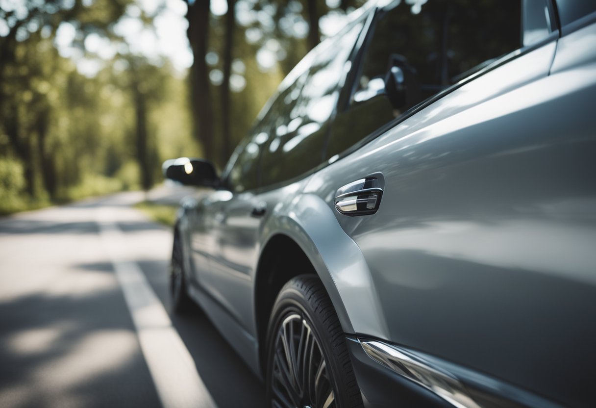 A person inspecting car exterior and interior, then test driving on a road