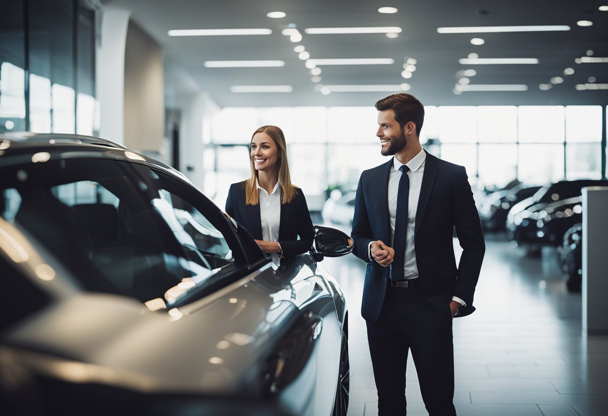 A customer and a salesperson discussing car options and pricing at a dealership showroom