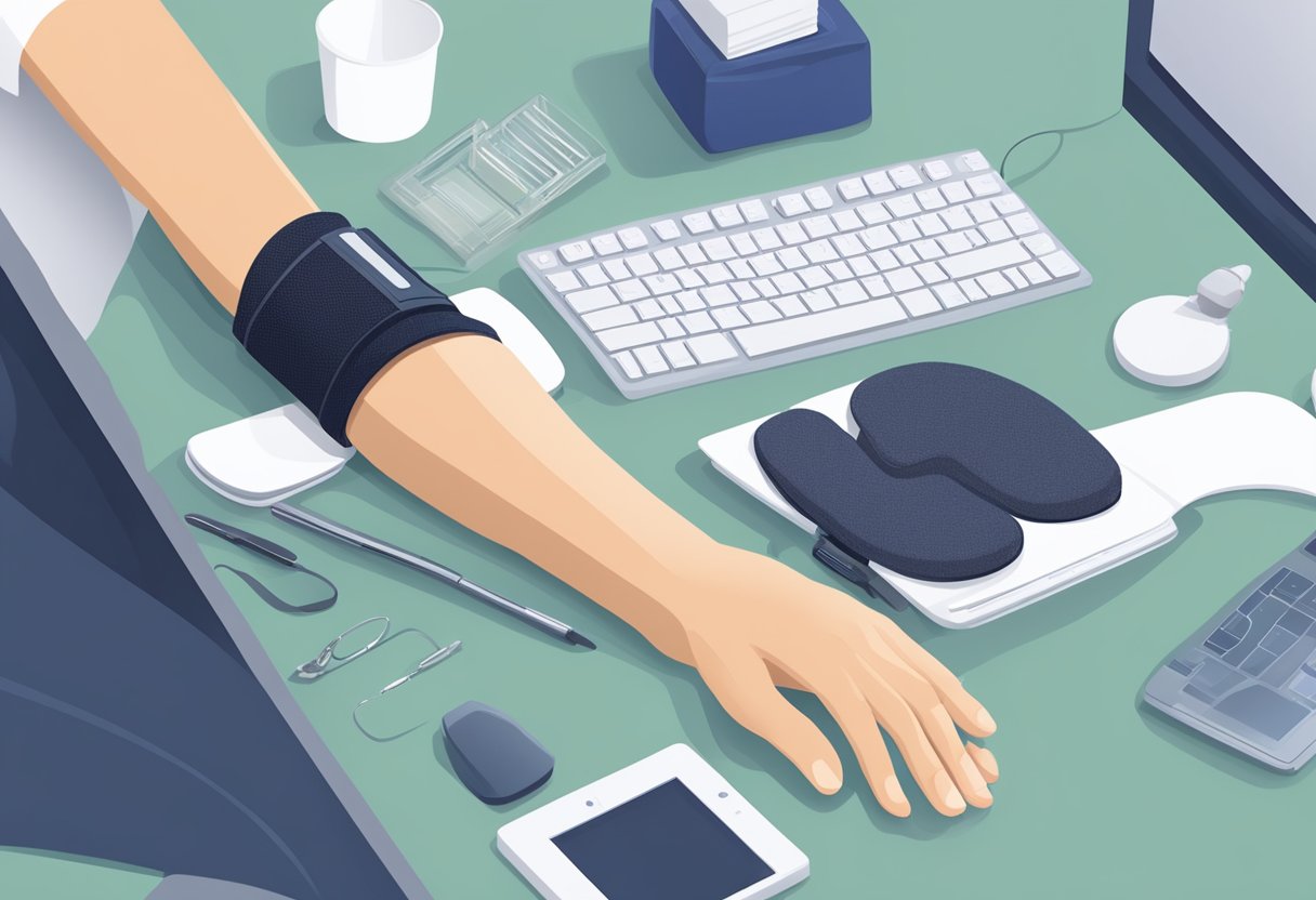 A person's hand resting on a cushioned wrist support, surrounded by ergonomic office supplies and a wrist brace