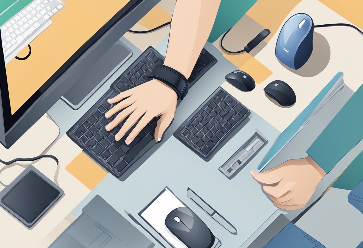 A hand holding a wrist brace, surrounded by ergonomic office equipment and a computer mouse