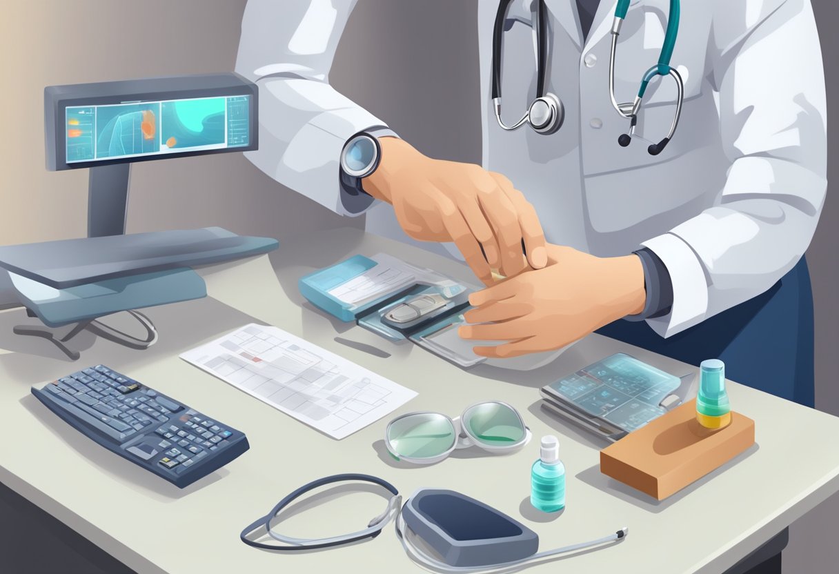 A doctor examines a patient's wrist, checking for carpal tunnel symptoms. Instruments and medical equipment are visible in the room