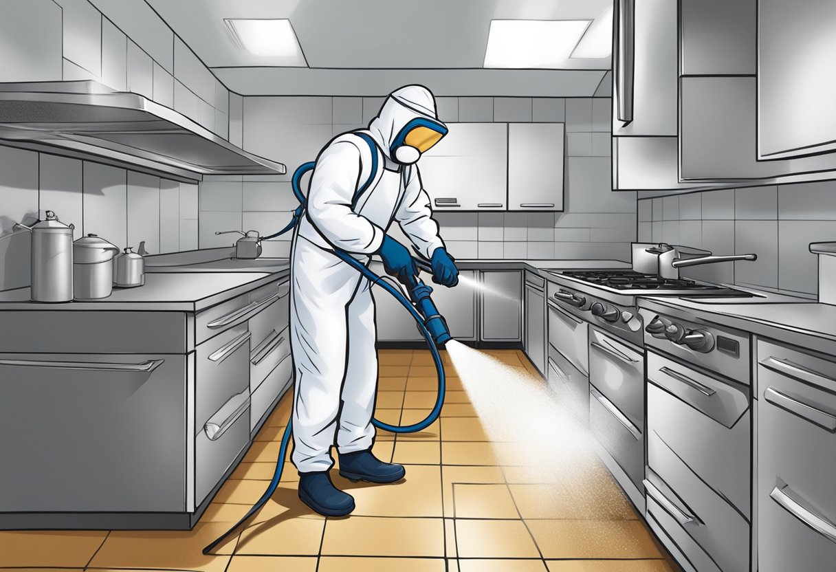 A pest control technician sprays non-toxic chemicals in a commercial kitchen, targeting areas where pests are likely to hide or enter