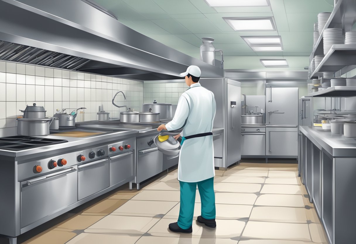 A commercial kitchen with pest control technicians inspecting and treating the premises for pests. Equipment and chemicals are visible, with a focus on cleanliness and professional service