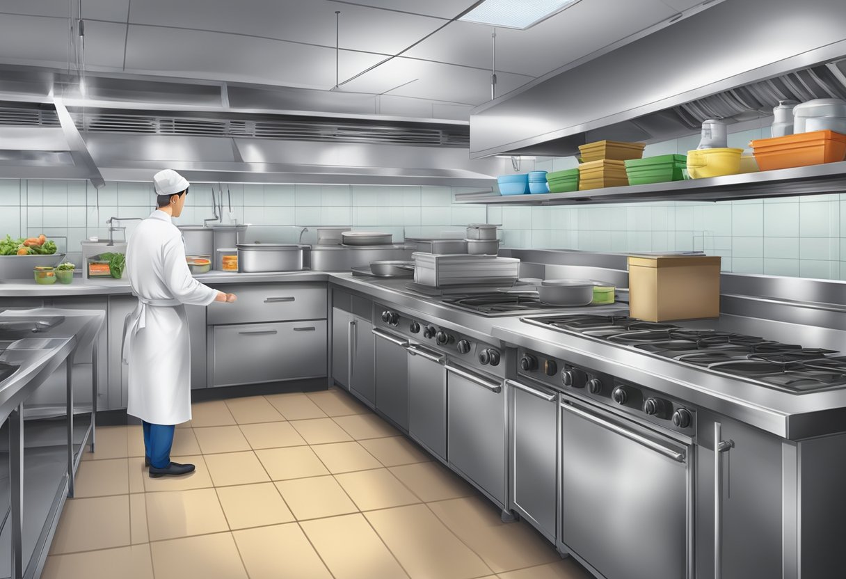 A commercial kitchen with pest control equipment and regulatory documents displayed prominently