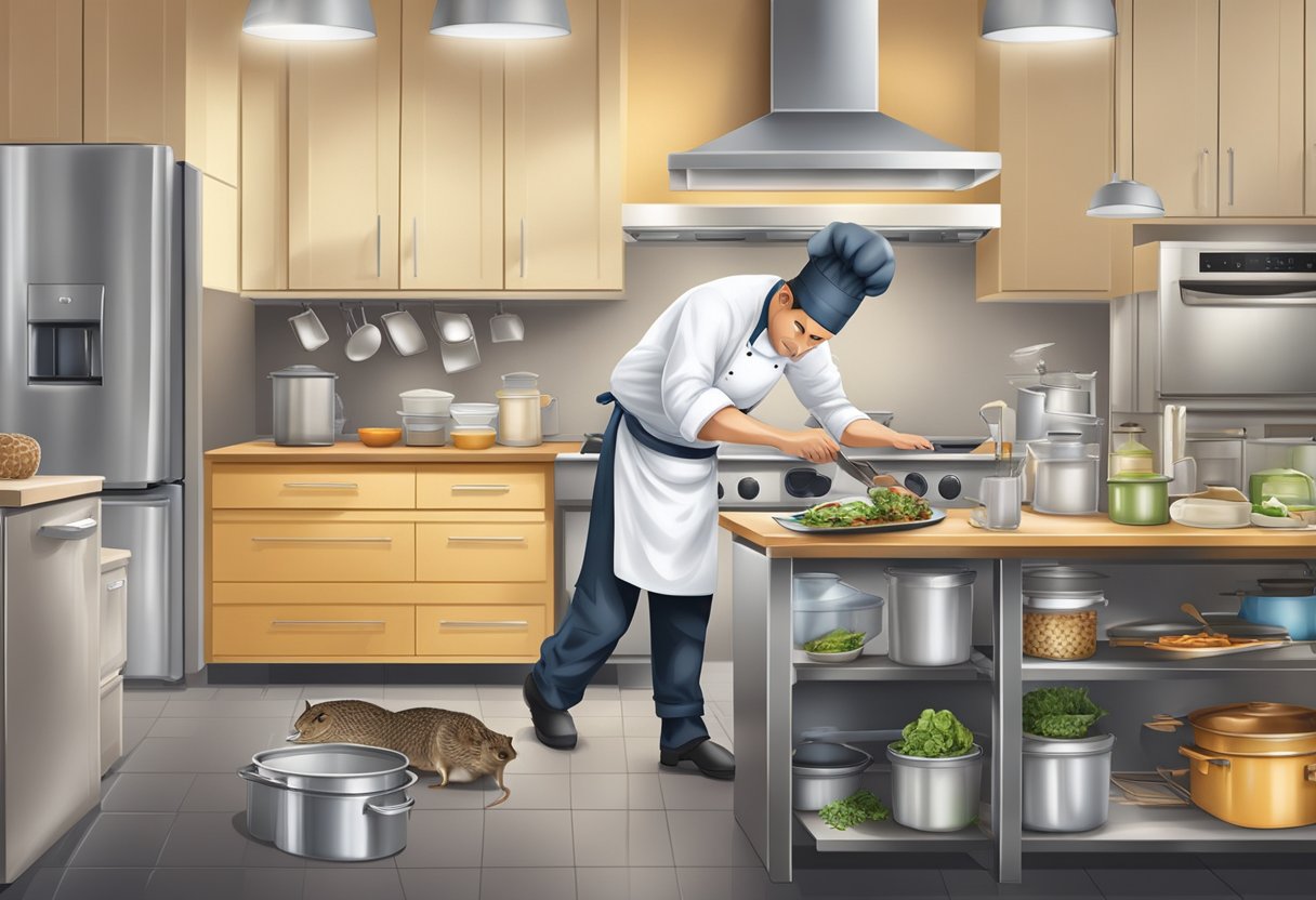 A chef places rodent traps near kitchen appliances and seals all food containers