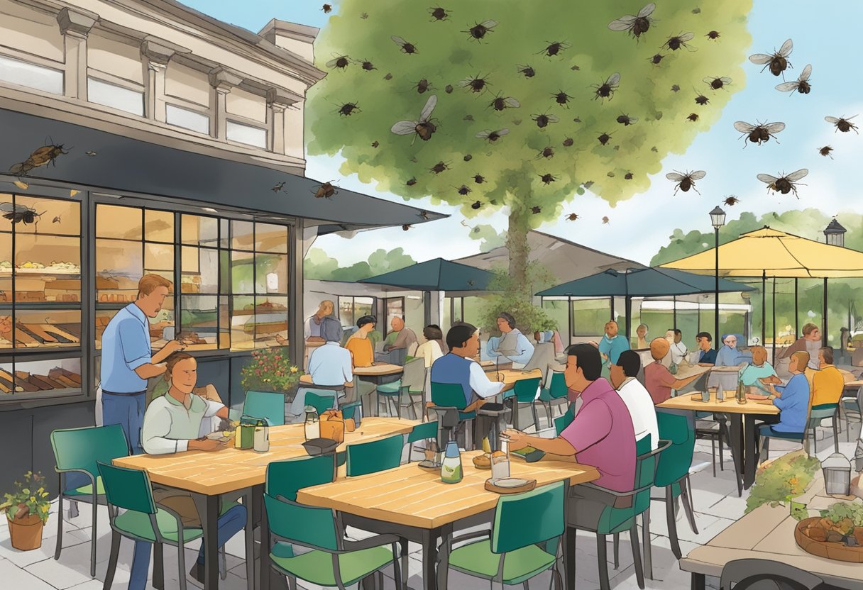 A bustling outdoor dining area with flies swarming around food and customers, while a commercial fly control system discreetly keeps the pests at bay