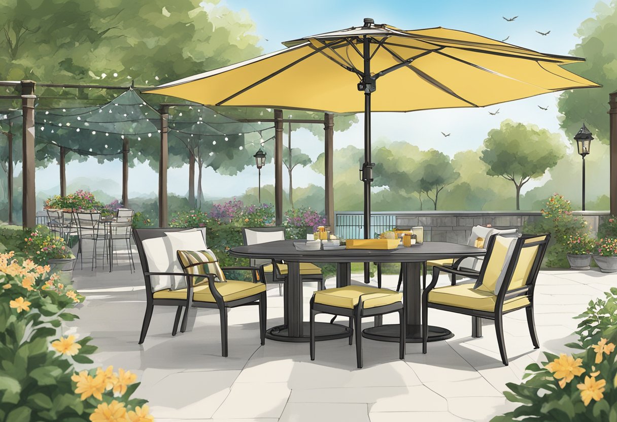 A patio with outdoor dining furniture and umbrellas, with Fly Control Solutions products strategically placed to deter flies