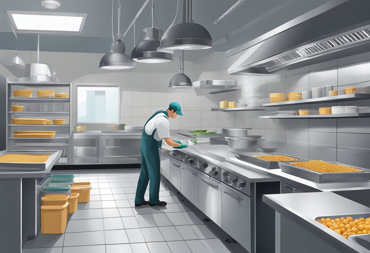 A restaurant kitchen with visible pest traps and sealed food storage containers. Clean surfaces and a pest control technician inspecting for infestations