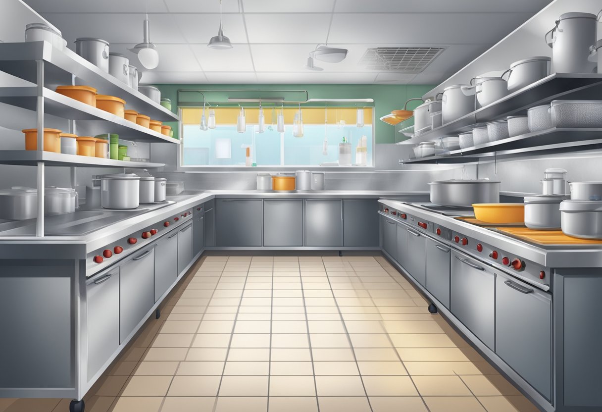 A clean, organized restaurant kitchen with pest control measures in place. Closed containers for food storage, sealed cracks, and regular pest inspections