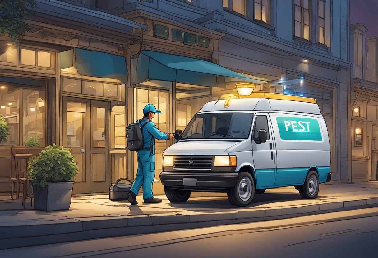 A pest control van parked outside a 24-hour restaurant, with a technician in uniform holding a flashlight and inspecting the exterior for signs of infestation