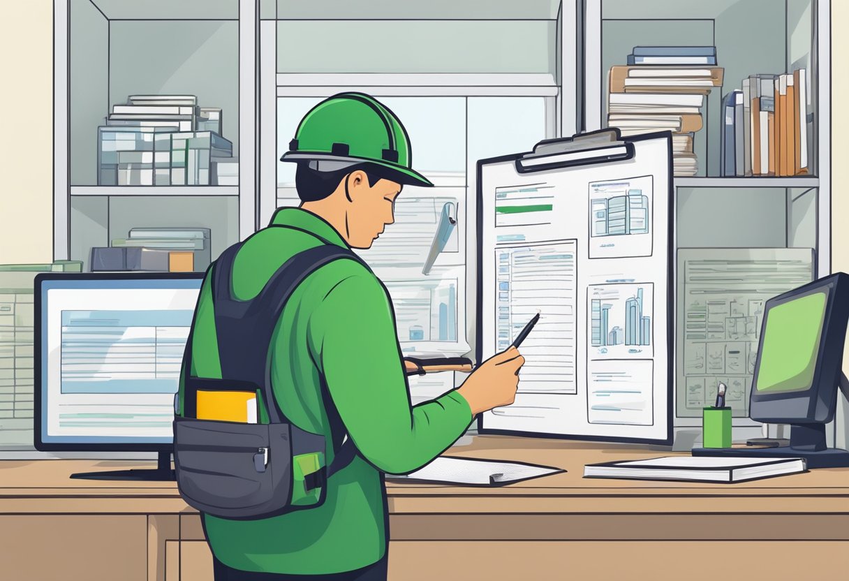 The inspector checks off items on a pest inspection checklist in an office building. The checklist includes items such as potential entry points and signs of infestation