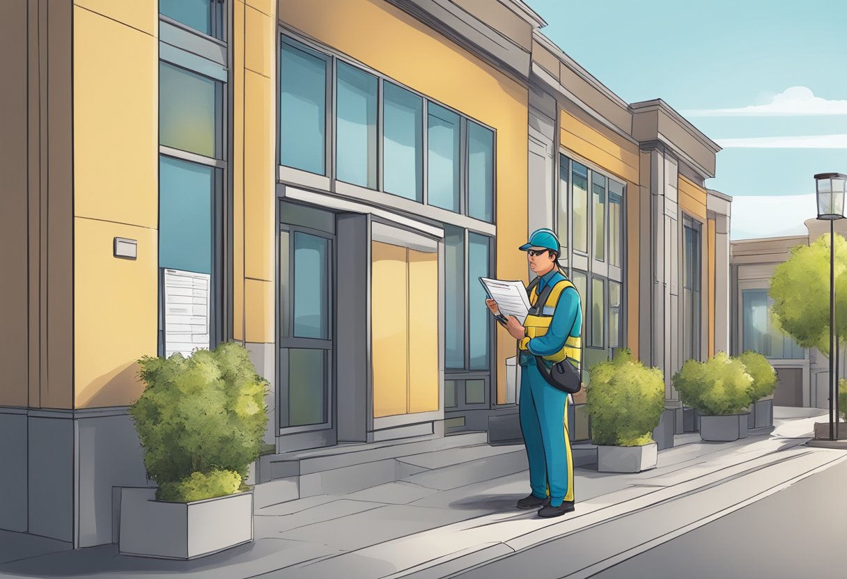 An inspector stands outside an office building, checking off items on a pest inspection checklist