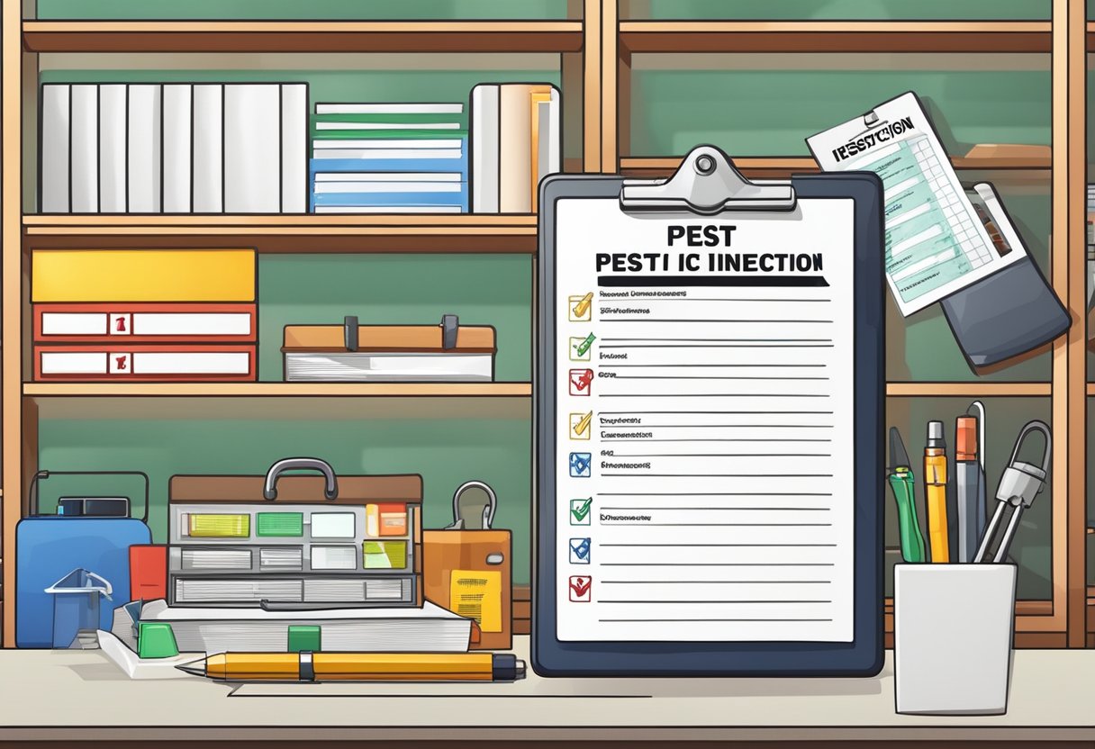 A clipboard with pest inspection checklist on a desk in an office building. Various pest control tools and equipment are neatly organized on shelves