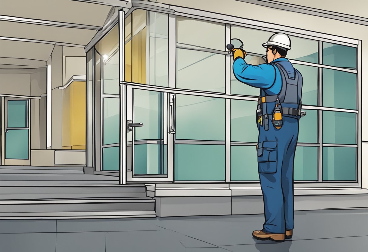 An inspector examines an office building for pests, checking windows, doors, and HVAC systems for signs of infestation