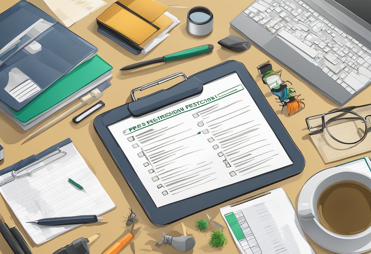 An office building with a clipboard, checklist, and various pest identification tools laid out on a desk for inspection