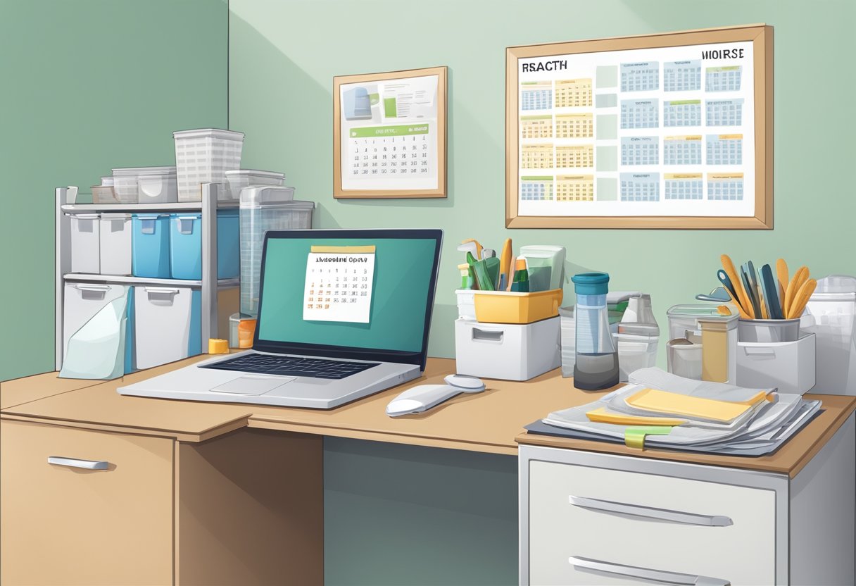 A clean, clutter-free cubicle with sealed food containers and a trash can with a tight lid. A workstation with minimal crumbs and spills, and a pest control calendar on the wall