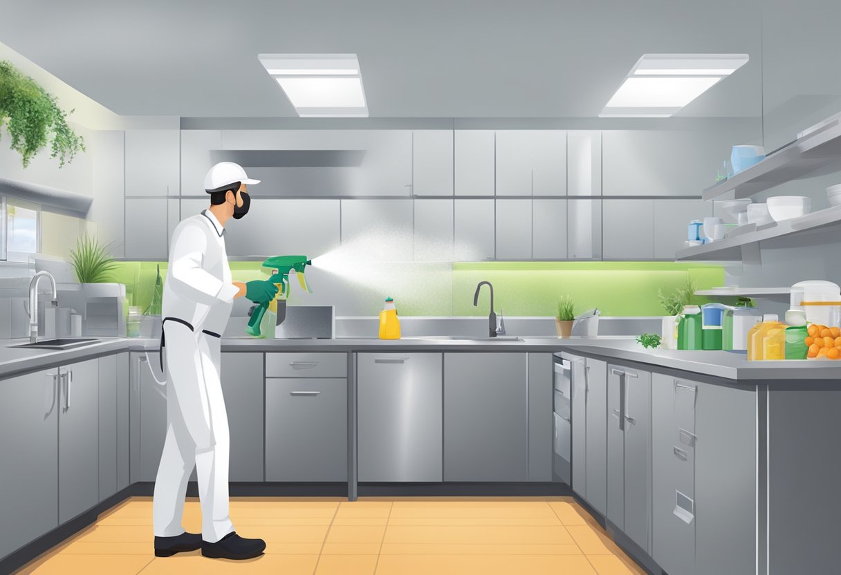 The pest control technician sprays the office kitchen and break room, ensuring a pest-free environment for staff