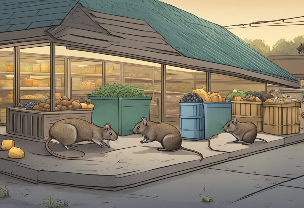 Rodents scurry around a grocery store, seeking food and shelter. Traps and bait stations are strategically placed to control infestations