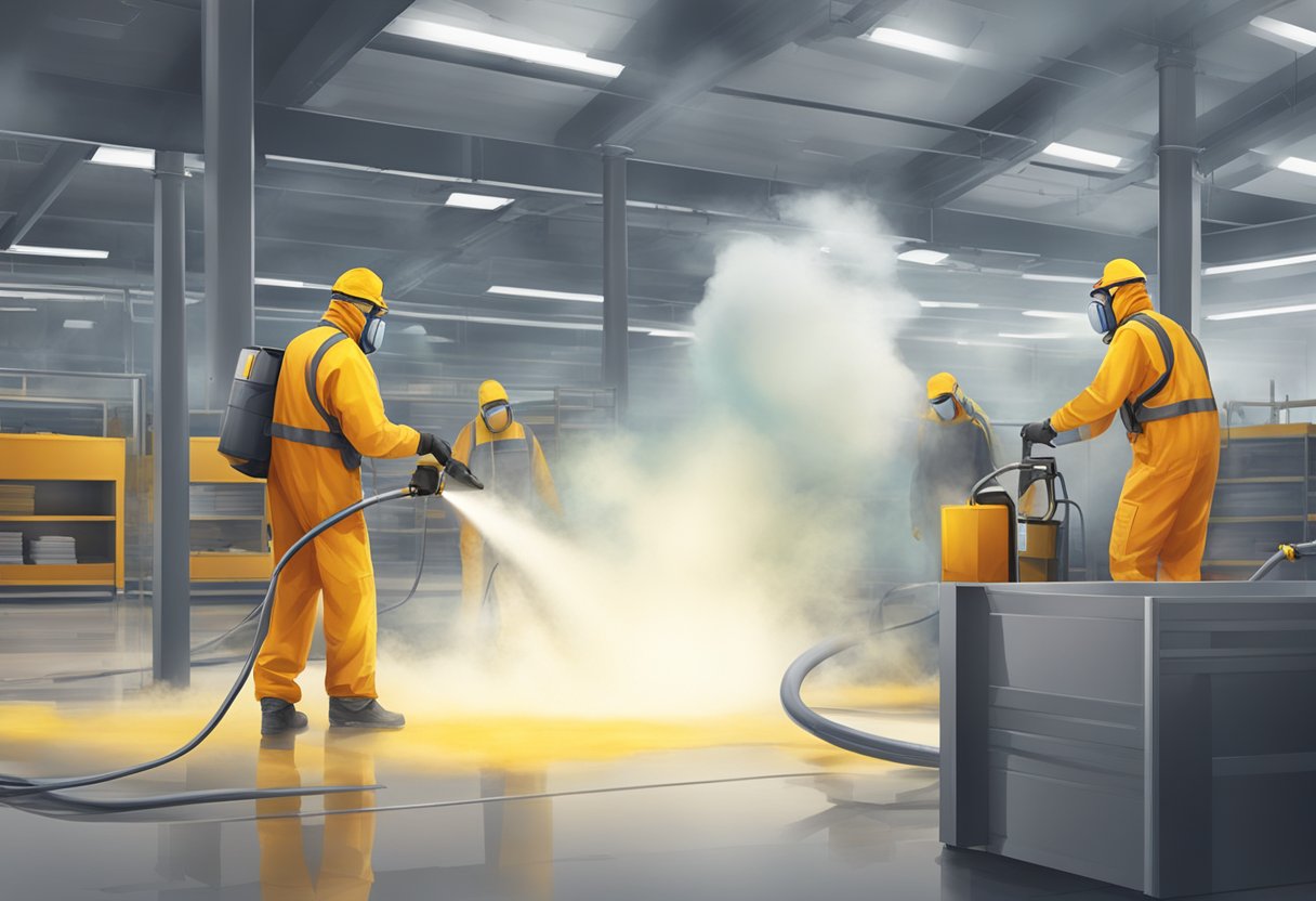 A team of workers in protective gear fumigating a large retail space with industrial equipment and chemicals