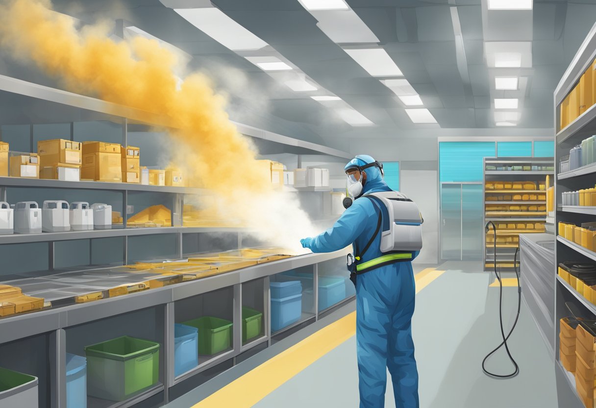 A technician in protective gear administers fumigation treatment in a large retail space while monitoring equipment measures gas levels