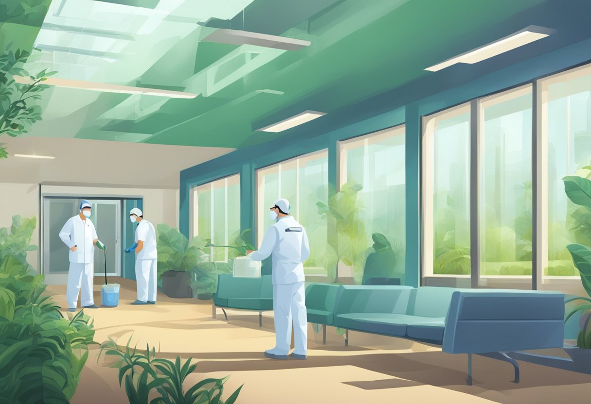 A healthcare facility with pest control technicians inspecting and treating the premises using environmentally friendly methods