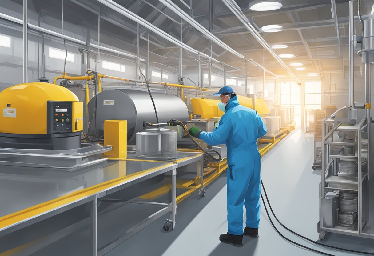 A technician sprays non-toxic pest control around machinery and storage areas in a brightly lit food processing facility
