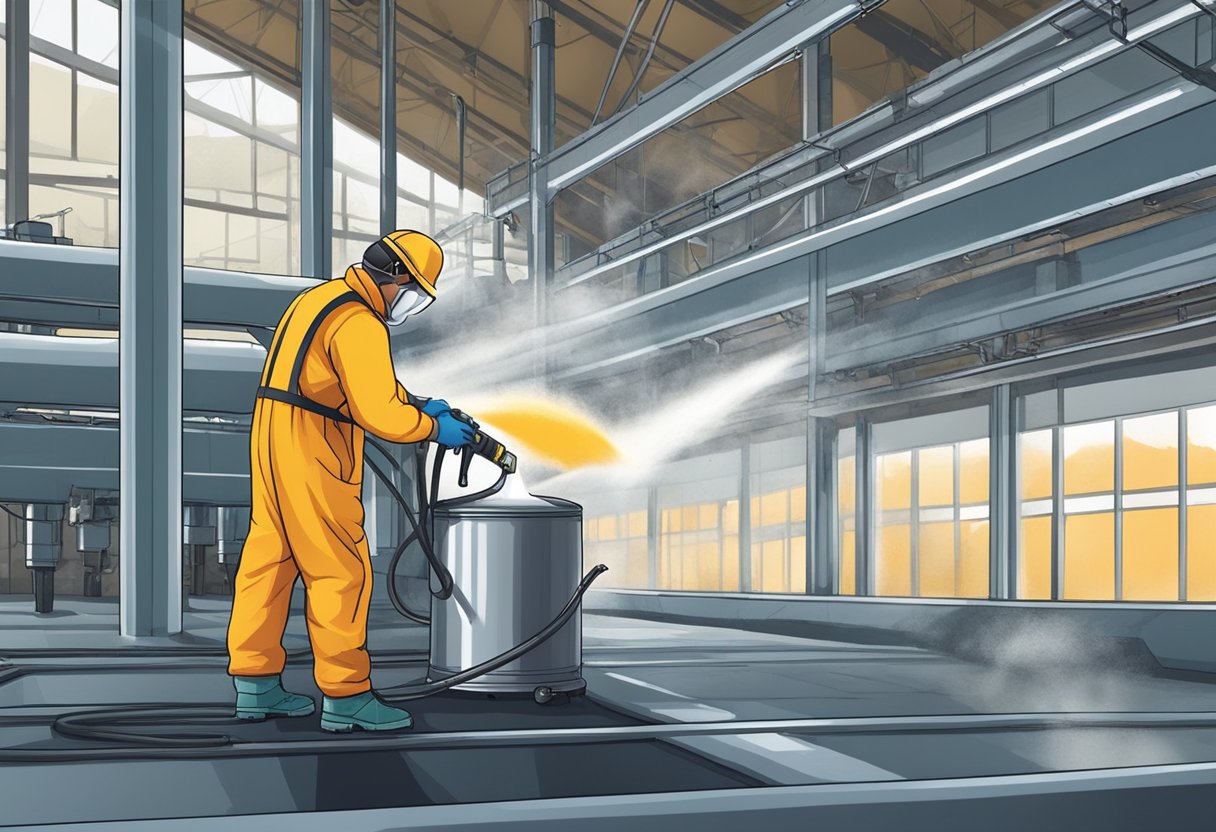 A technician sprays insecticide in a large industrial facility. Conveyor belts and machinery fill the space as the technician targets pest hotspots