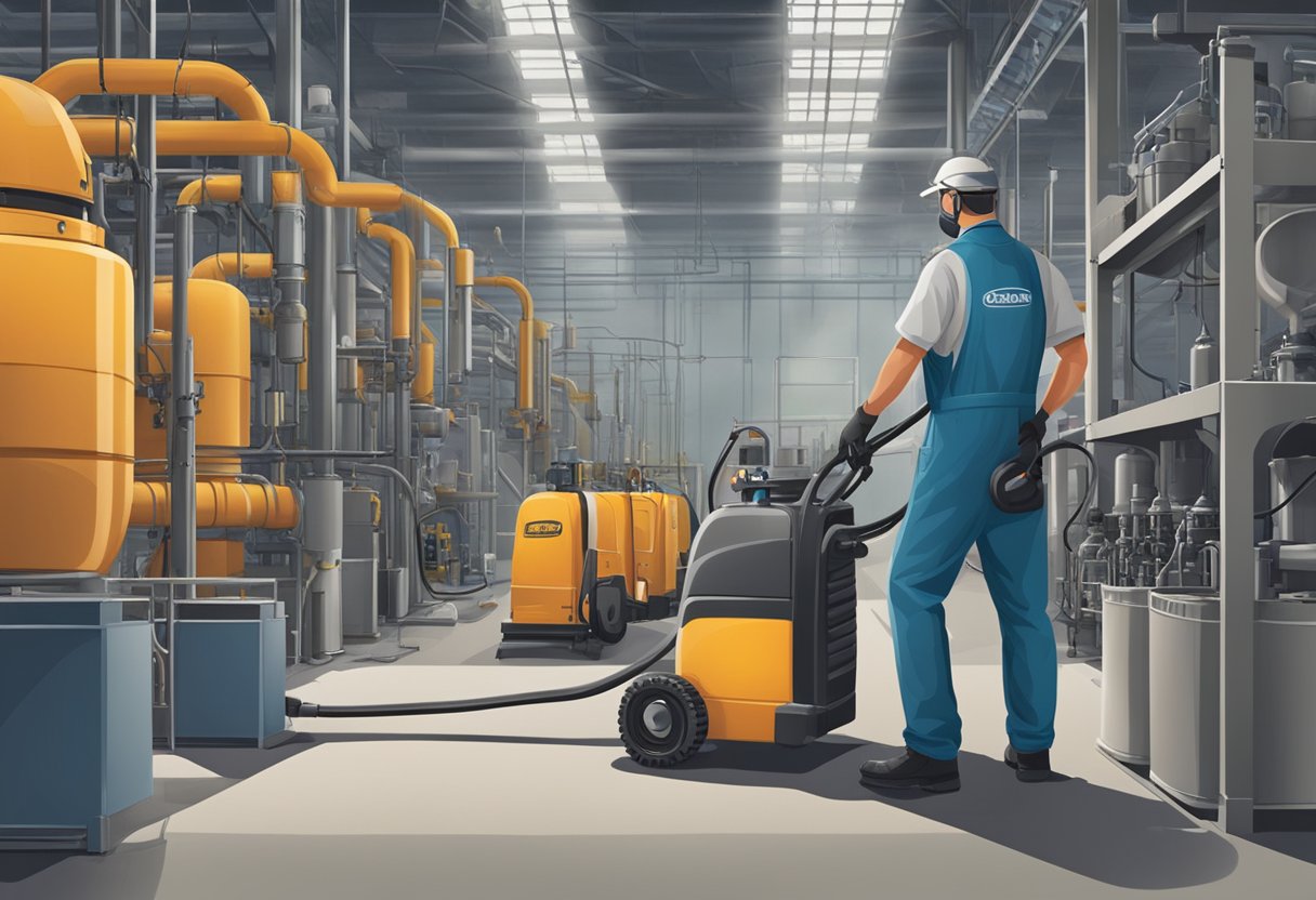 A pest control technician spraying insecticide around a manufacturing plant, with a focus on machinery and storage areas