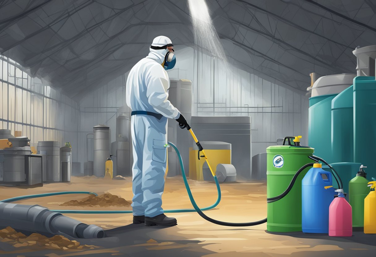 A pest control technician sprays chemicals in an industrial waste management area to eliminate pests