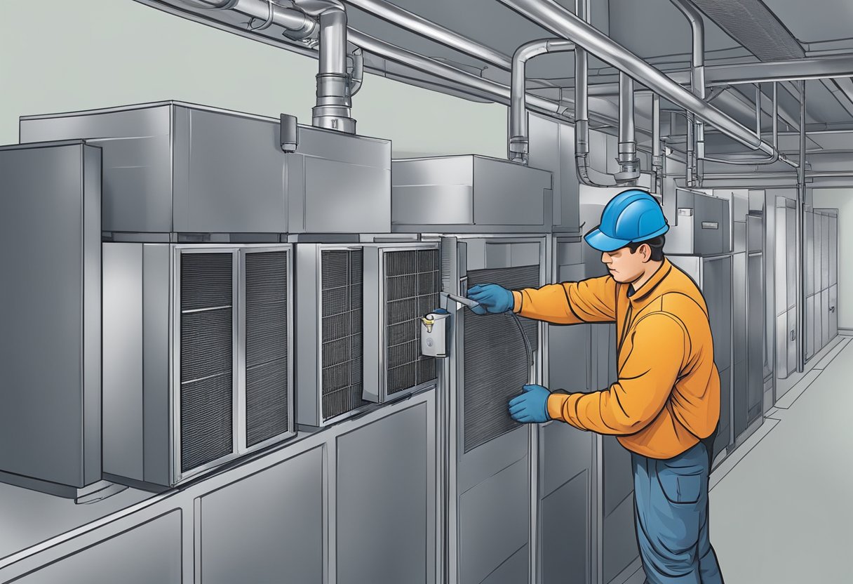 An HVAC technician seals vents and inspects ductwork for pests in a commercial building