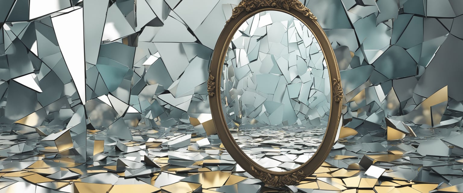 A mirror reflects a shattered image, surrounded by broken fragments and a sense of emptiness
