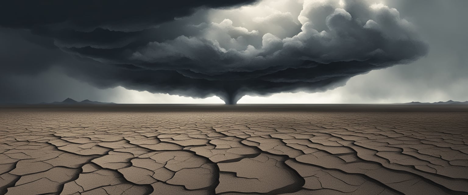 A dark storm cloud looms over a barren landscape, casting a shadow of malevolence. The ground is cracked and lifeless, reflecting the vindictive nature of narcissists