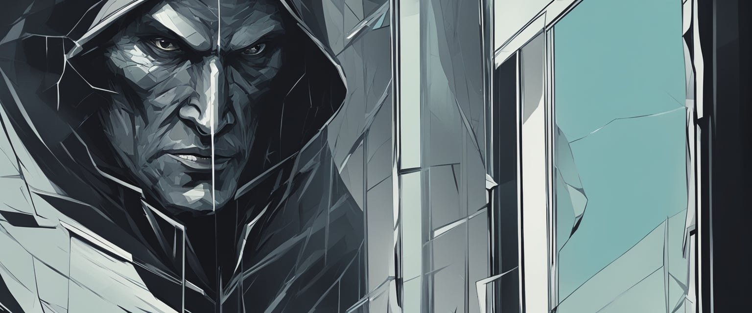 A dark figure looms over a shattered mirror, casting a sinister glare. The reflection shows a twisted, vengeful expression