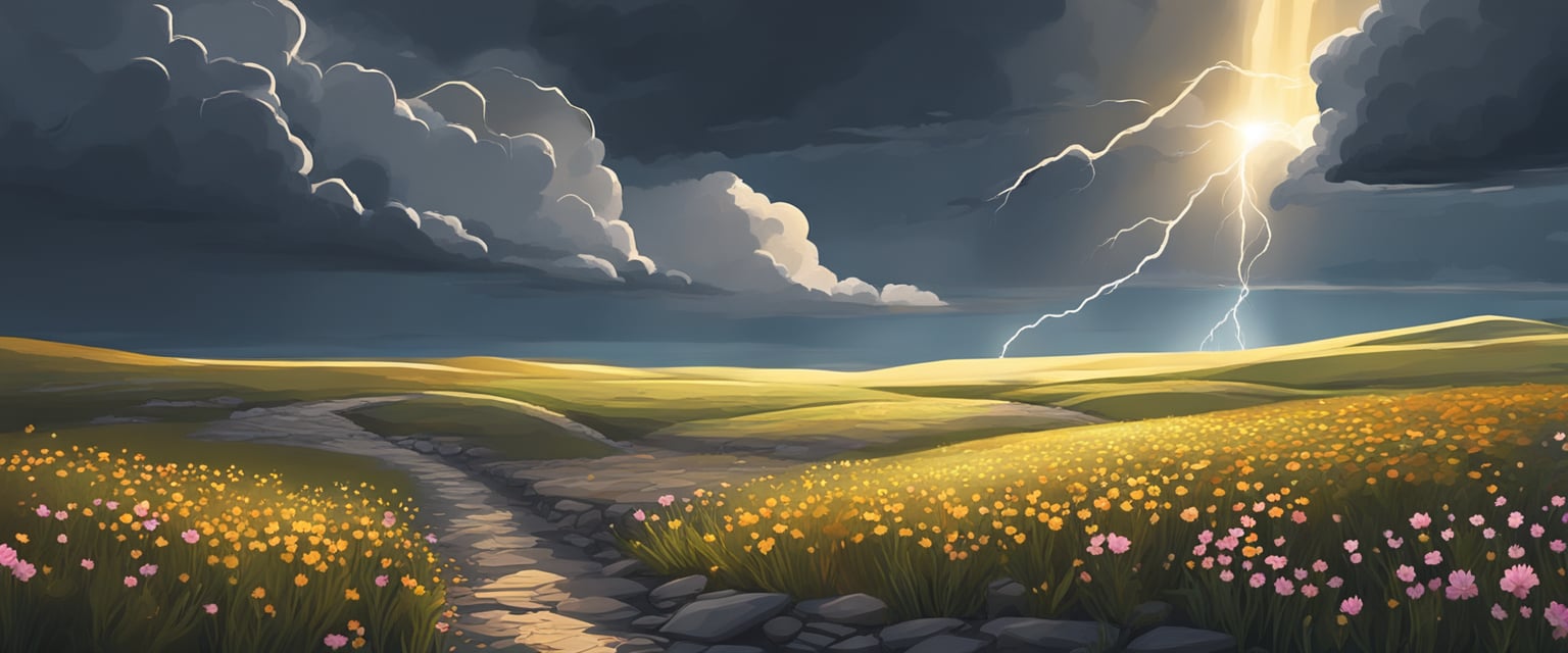 A dark storm cloud hovers over a figure, while rays of sunlight break through, illuminating a small flower growing in the cracks of the ground