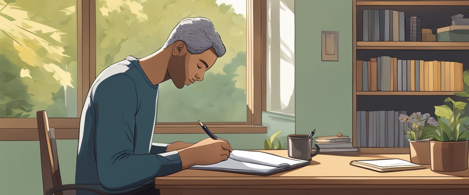 A person sitting in a quiet room, surrounded by nature, with a journal and pen in front of them, taking a moment to reflect and write down things they are grateful for
