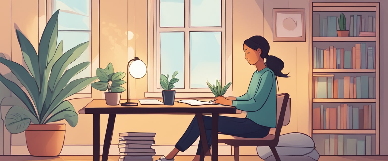 A cozy room with a journal, pen, and soft lighting. A plant sits on a table. A person writes in the journal, surrounded by calm