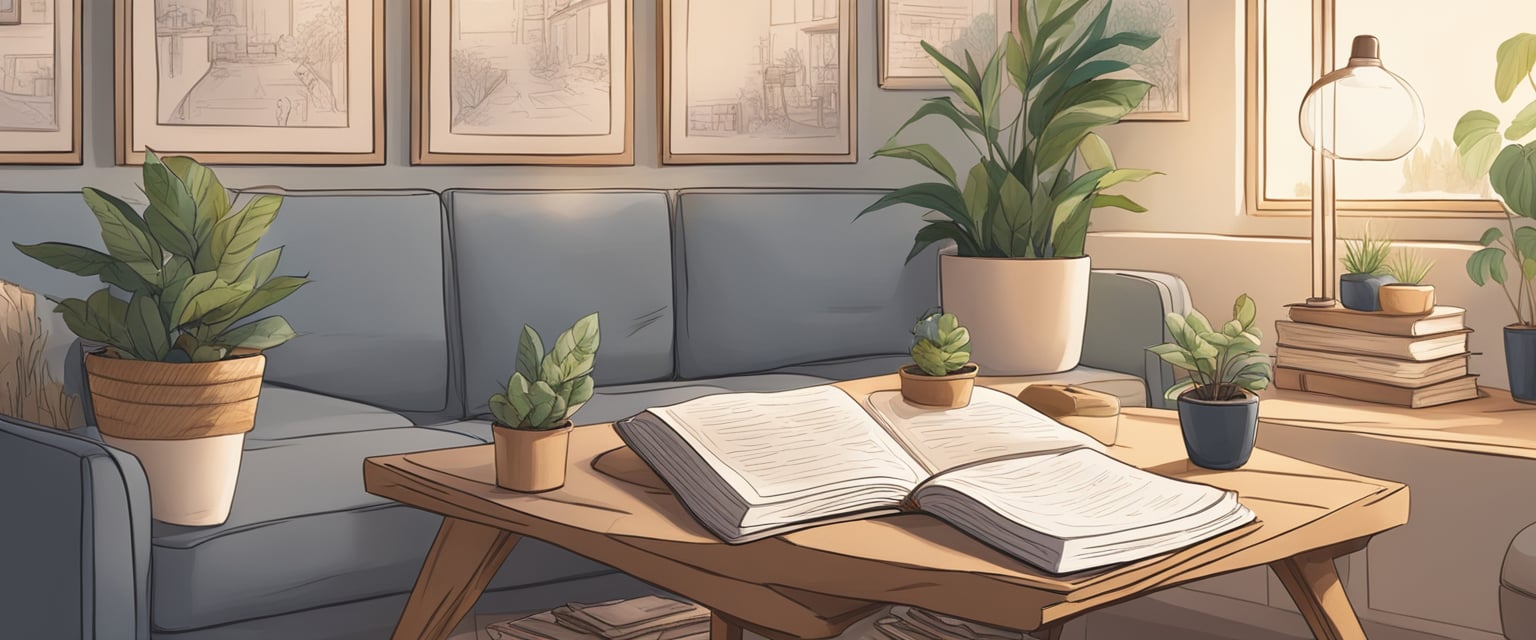 A cozy room with soft lighting, plants, and comfortable seating. A journal and pen sit on a table, surrounded by uplifting quotes and calming artwork