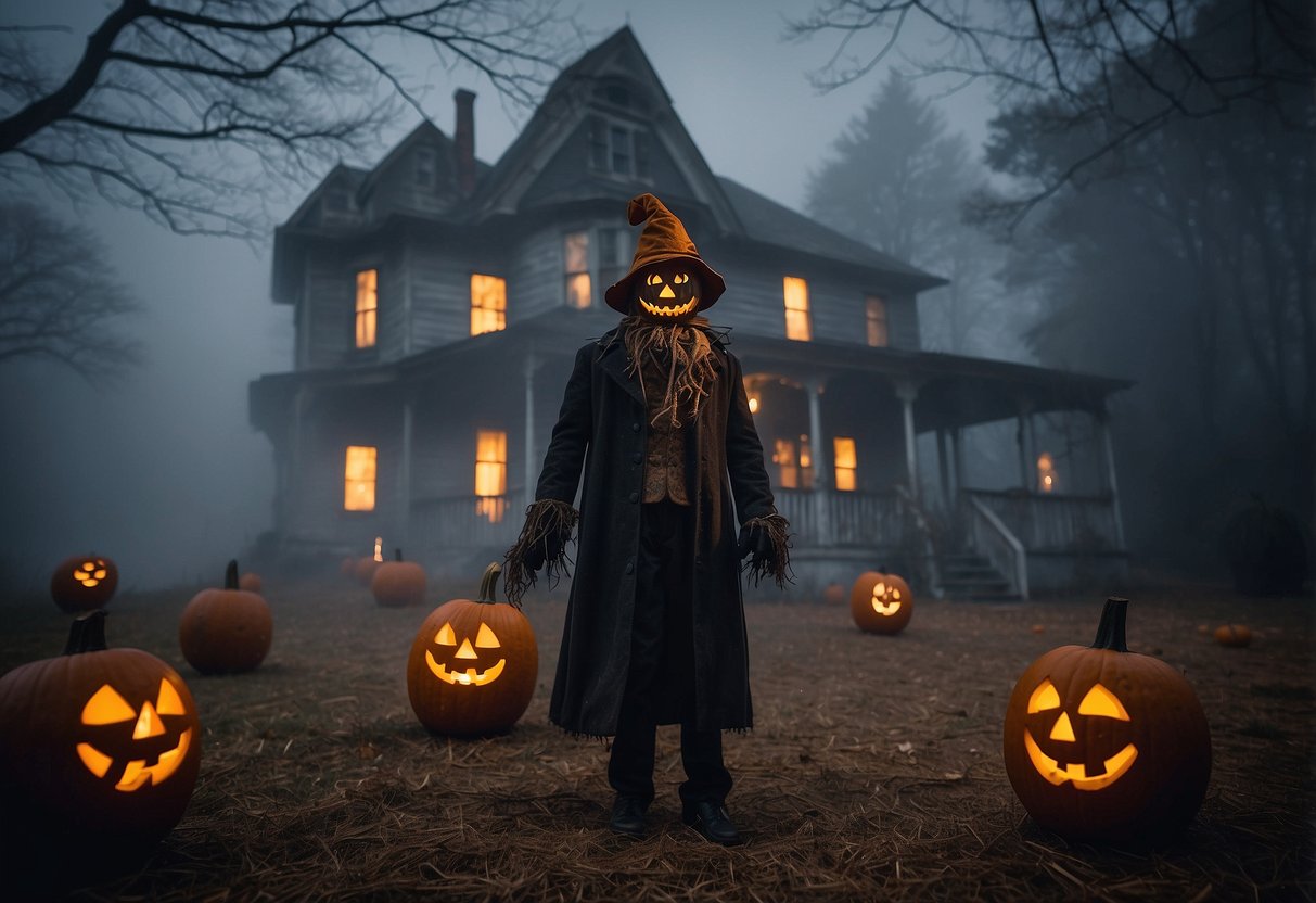 A spooky haunted house with cobwebs, jack-o-lanterns, and eerie lighting. A scarecrow, tombstones, and a fog machine add to the creepy atmosphere