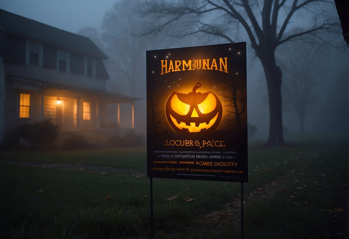 A spooky witch yard sign stands tall in a dimly lit yard, surrounded by eerie fog and glowing jack-o-lanterns