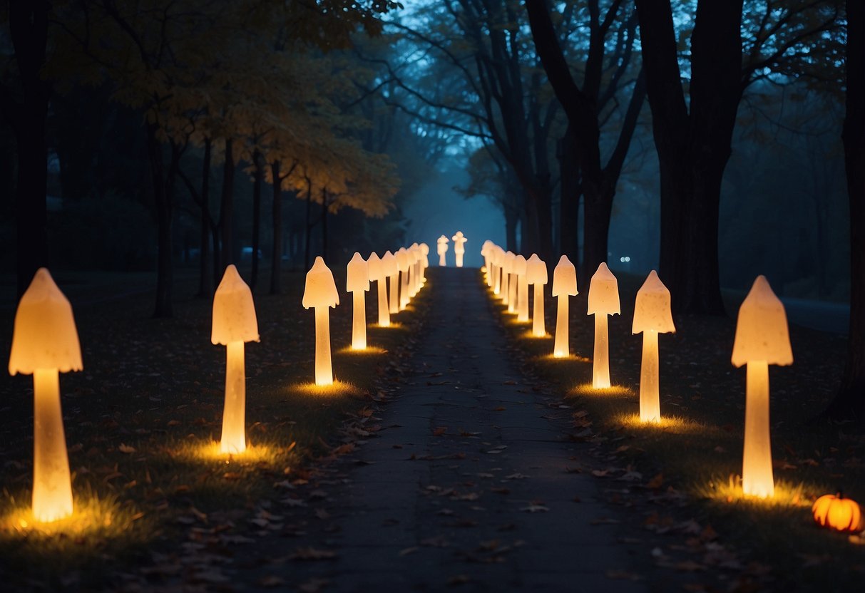 A pathway lined with glowing ghost-shaped lights, casting an eerie and enchanting glow on the outdoor Halloween decor