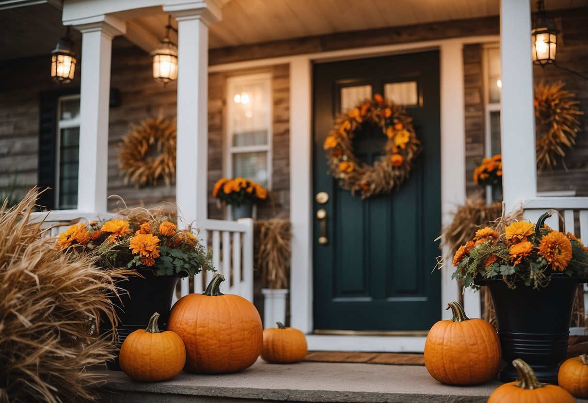 A front porch adorned with pumpkins, hay bales, and autumn leaves. String lights and a scarecrow add a festive touch to the outdoor Halloween decor