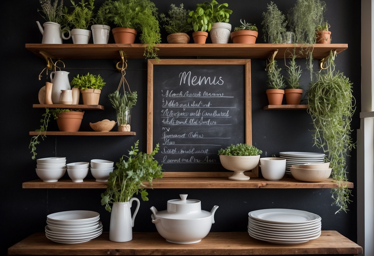 A cozy kitchen with shelves adorned with vintage plates, framed recipes, and botanical prints. A chalkboard wall displays a handwritten menu and a hanging herb garden adds a touch of greenery