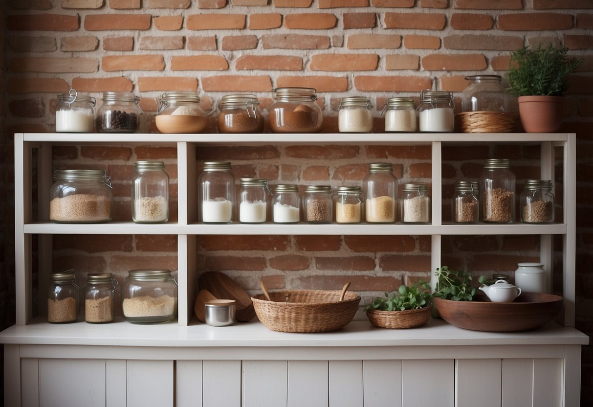 Rustic wooden shelves hold jars, cookbooks, and vintage kitchenware against a white brick wall