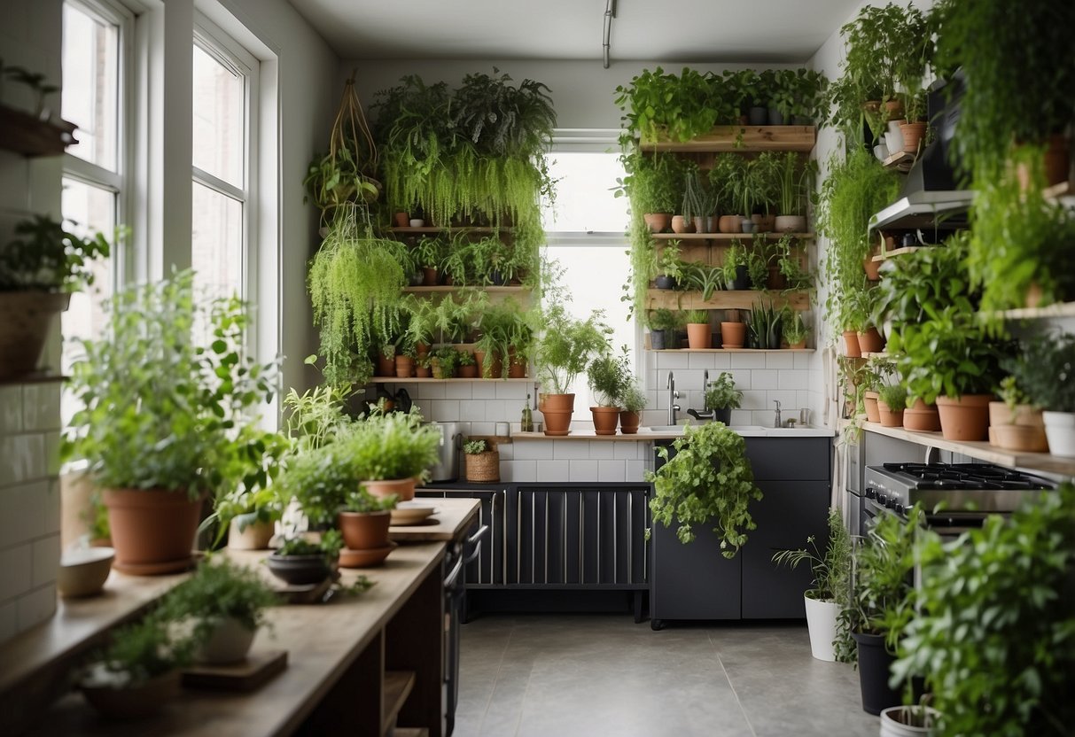 A vertical garden of potted herbs hangs on a kitchen wall, adding natural beauty and functional decor to the space