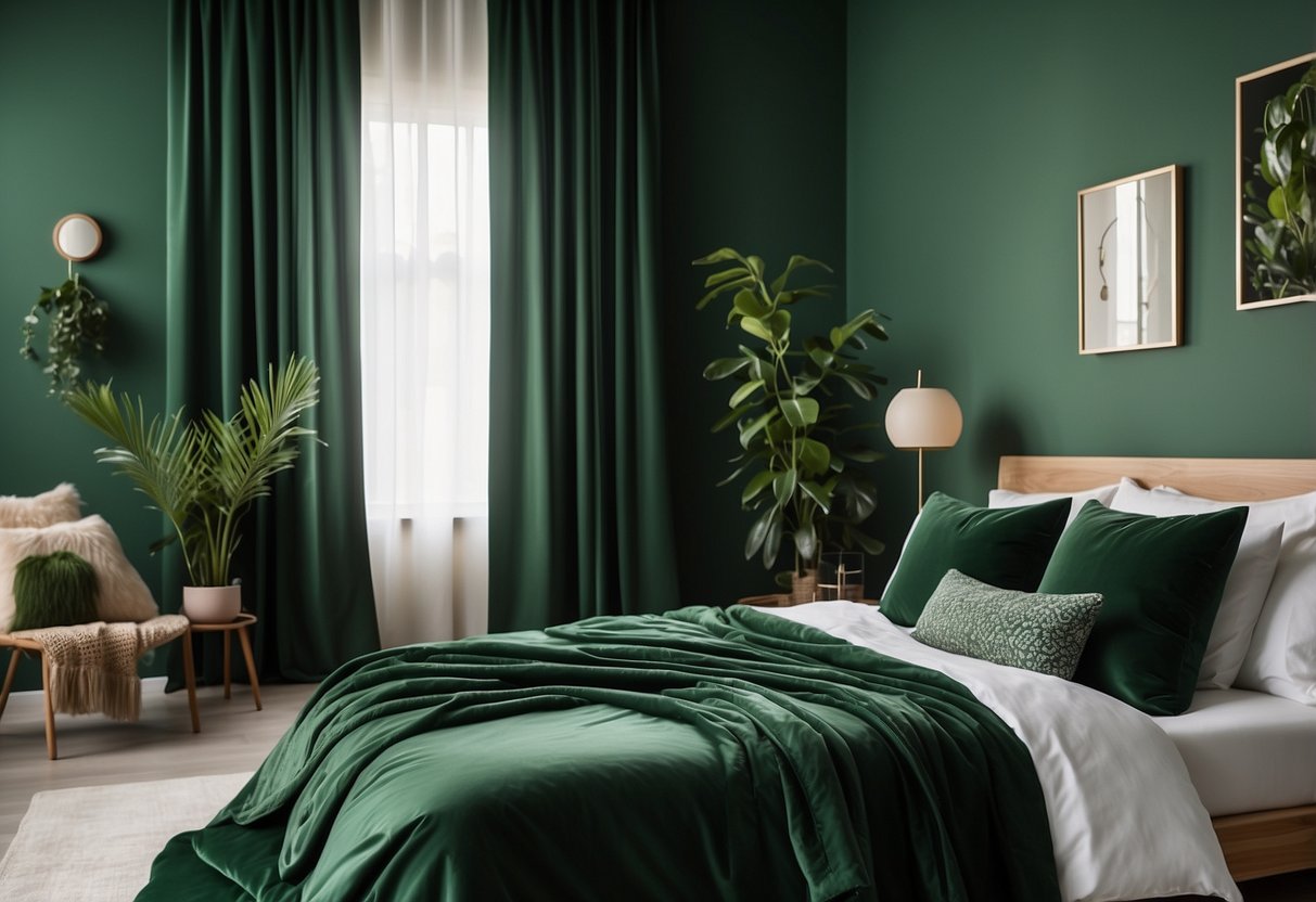 A cozy green bedroom with leaf-patterned curtains, potted plants, and a sage green accent wall. A plush emerald green throw blanket drapes over the bed