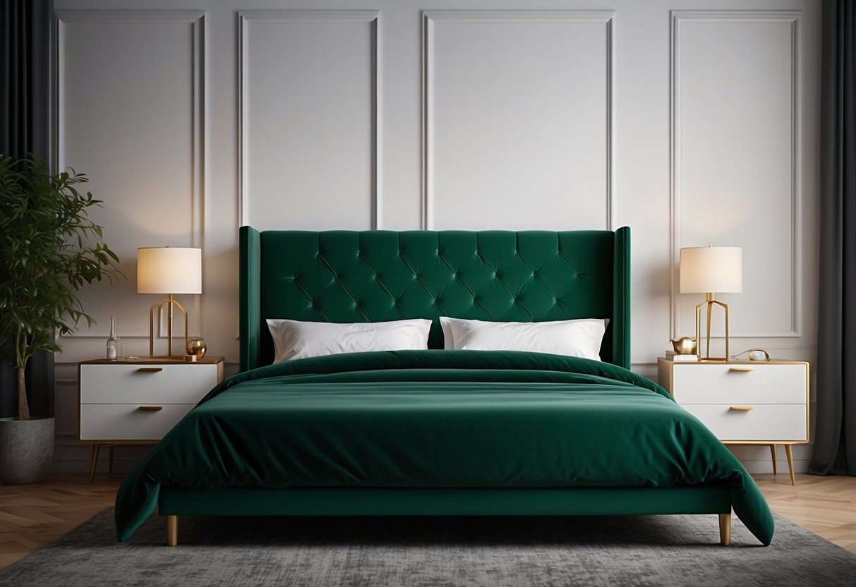 An emerald green velvet headboard stands against a white wall in a bedroom adorned with green decor