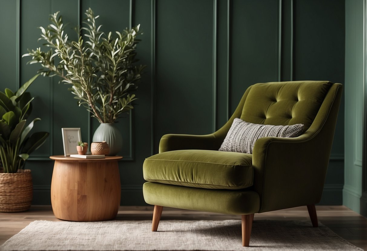 An olive green accent chair sits in a cozy bedroom, surrounded by green decor and soft lighting