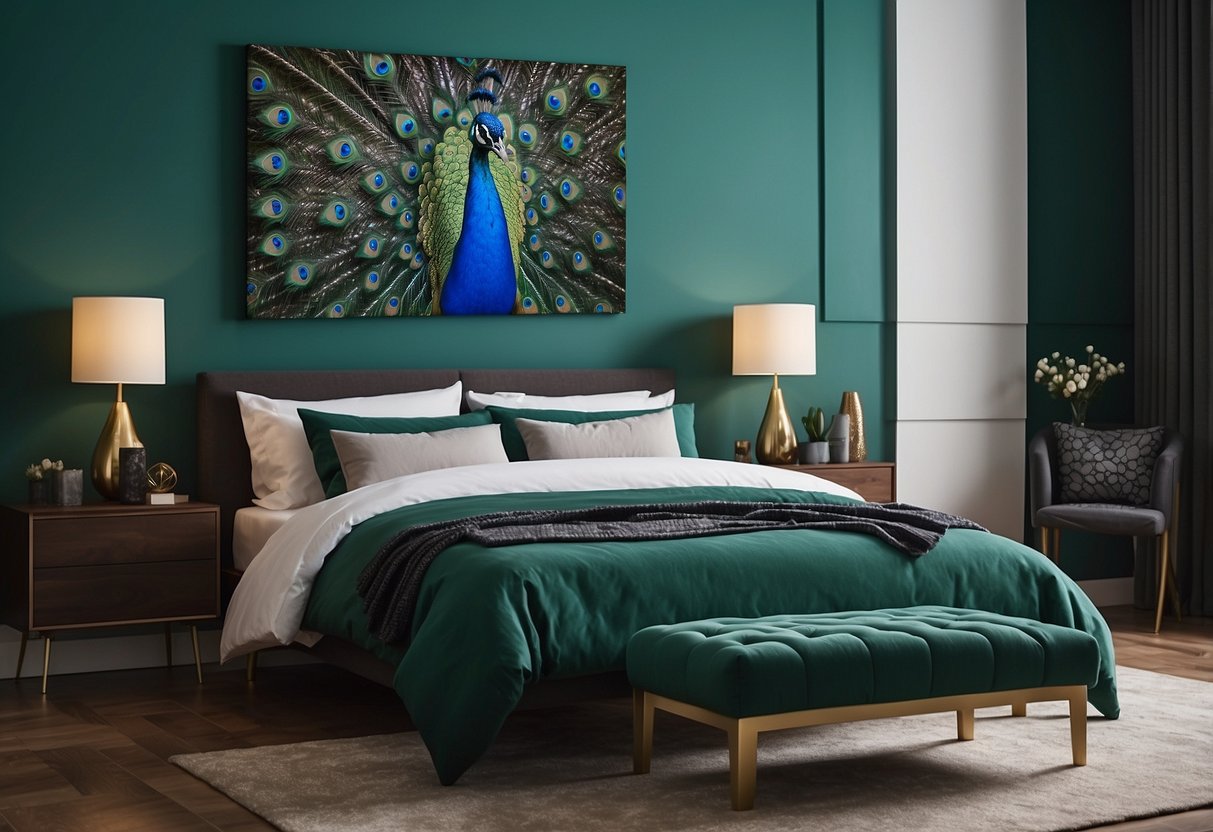 A peacock green wall art hangs in a serene bedroom with matching decor, creating a tranquil and elegant atmosphere